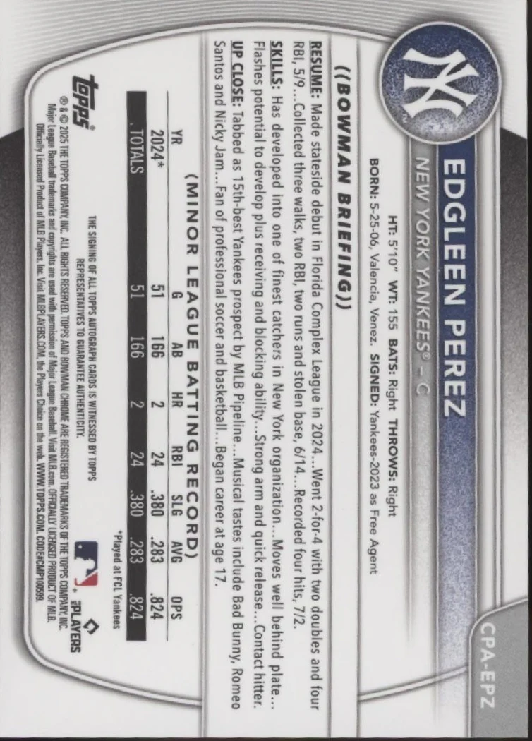 Edgleen Perez 2025 Bowman Chrome Prospects Blue Xfactor Refractor Auto 052/150