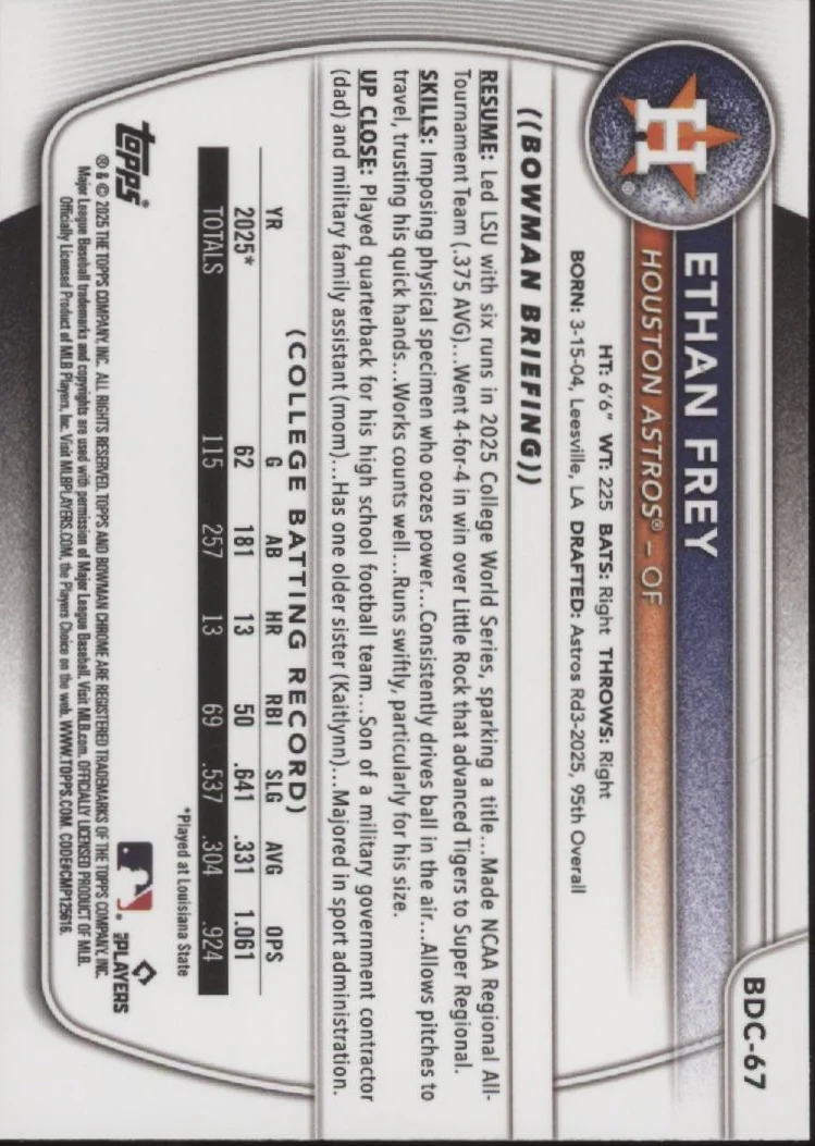 Ethan Frey 2025 Bowman Chrome Prospects Yellow Mojo Refractor 58/75 #BDC-67
