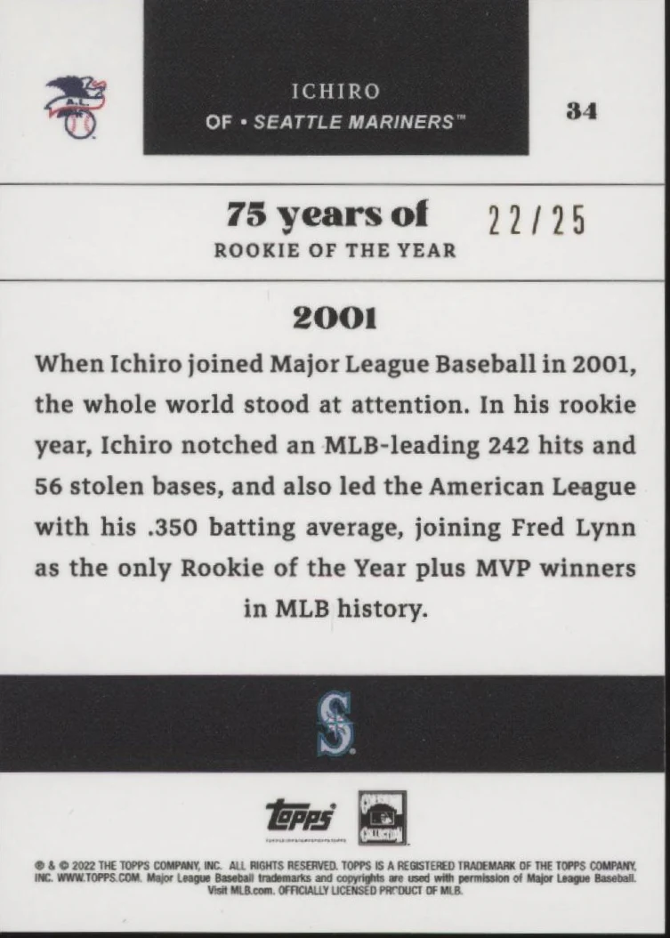 Ichiro Suzuki 2002 Topps 75 Years of Rookie of the Year 22/25 #34