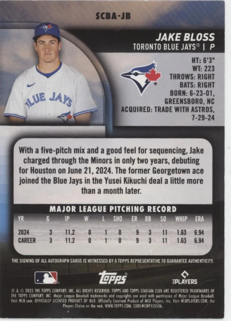 Jake Bloss 2025 Topps Stadium Club Holo RC Auto 01/25 #SCBA-JB