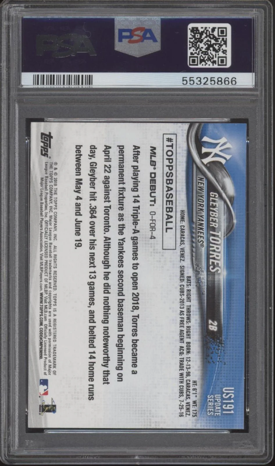 Gleyber Torres 2018 Topps Update Series RC #US191 PSA 10