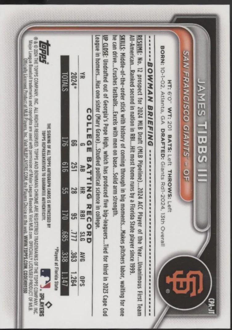 James Tibbs III 2024 Bowman Chrome Auto #CPA-JT