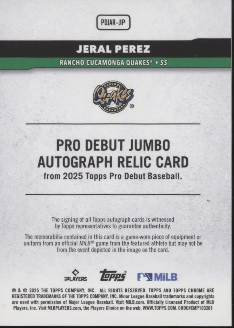 Jeral Perez 2025 Topps Chrome Pro Debut Blue Refractor Swatch Auto 101/150