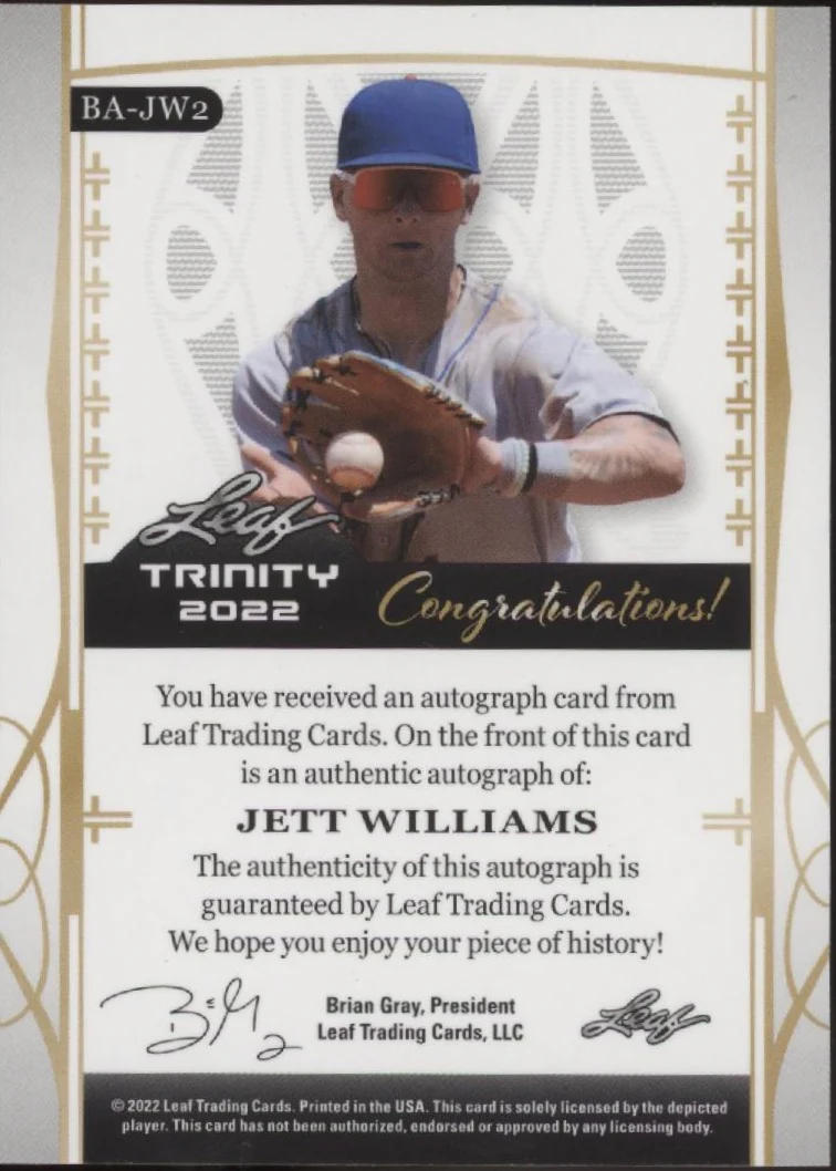Jett Williams 2022 Leaf Trinity RC Auto 34/50 #BA-JW2
