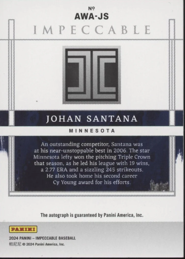 Johan Santana 2024 Panini Impeccable Award Winning Auto 08/10 #AWA-JS