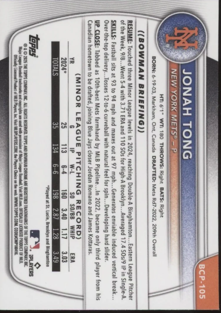 Jonah Tong 2025 Bowman Chrome Prospects Blue Ray Wave Refractor 111/150 #BCP-105