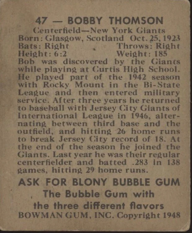 Bobby Thomson 1948 Bowman #47 New York Giants VG