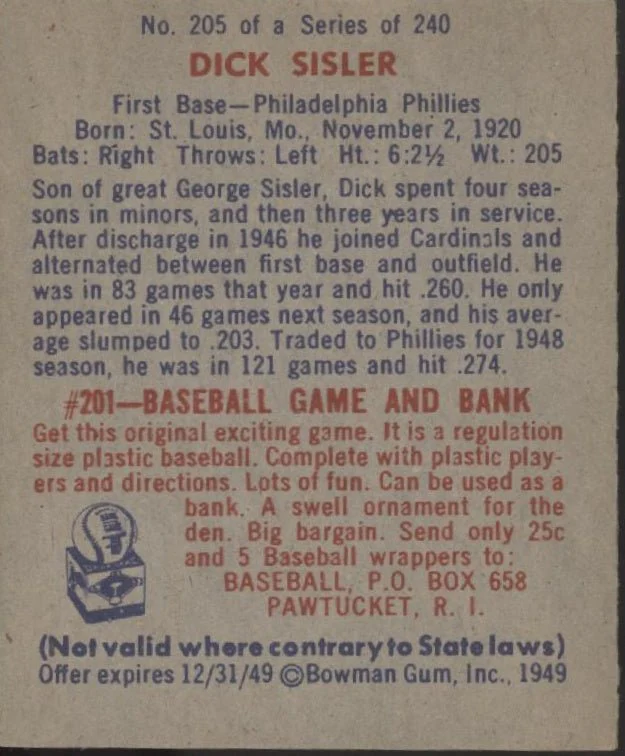 Dick Sisler 1949 Bowman #205 Philadelphia Phillies EX
