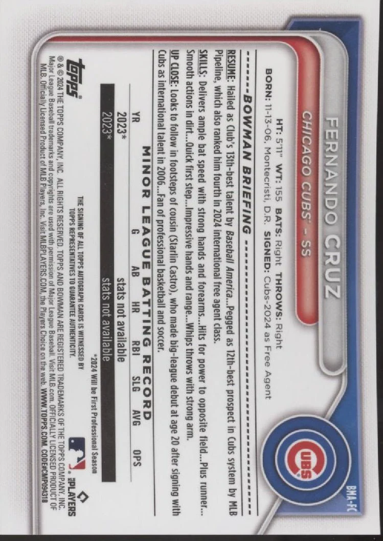 Fernando Cruz 2024 Bowman Chrome Green Mojo Refractor Auto 16/99 #BMA-FC