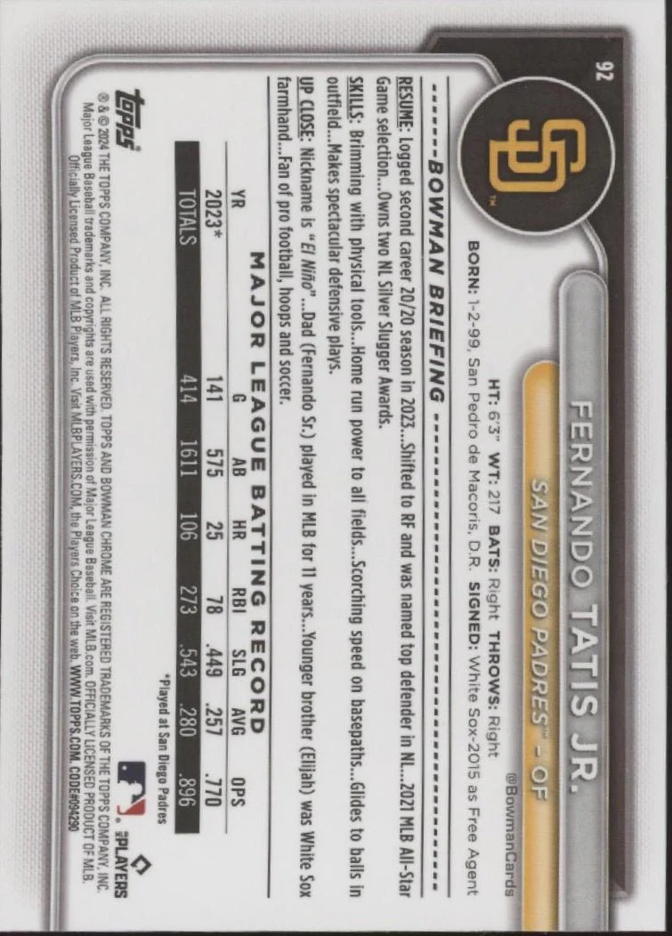Fernando Tatis Jr. 2024 Bowman Chrome Yellow Mojo Refractor 42/75 #92