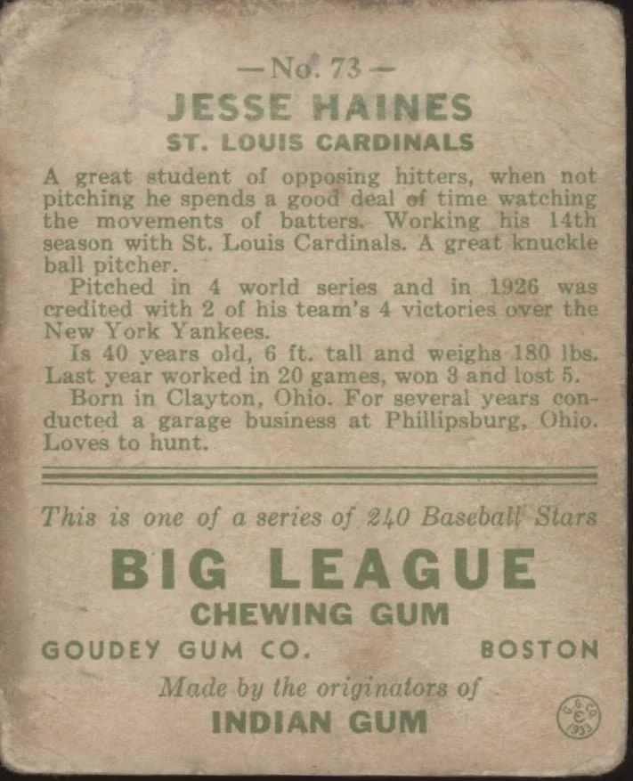 270-jesse-haines-1933-goudey-73-st.-louis-cardinals-gd-2.webp Jesse Haines 1933 Goudey #73 St. Louis Cardinals GD