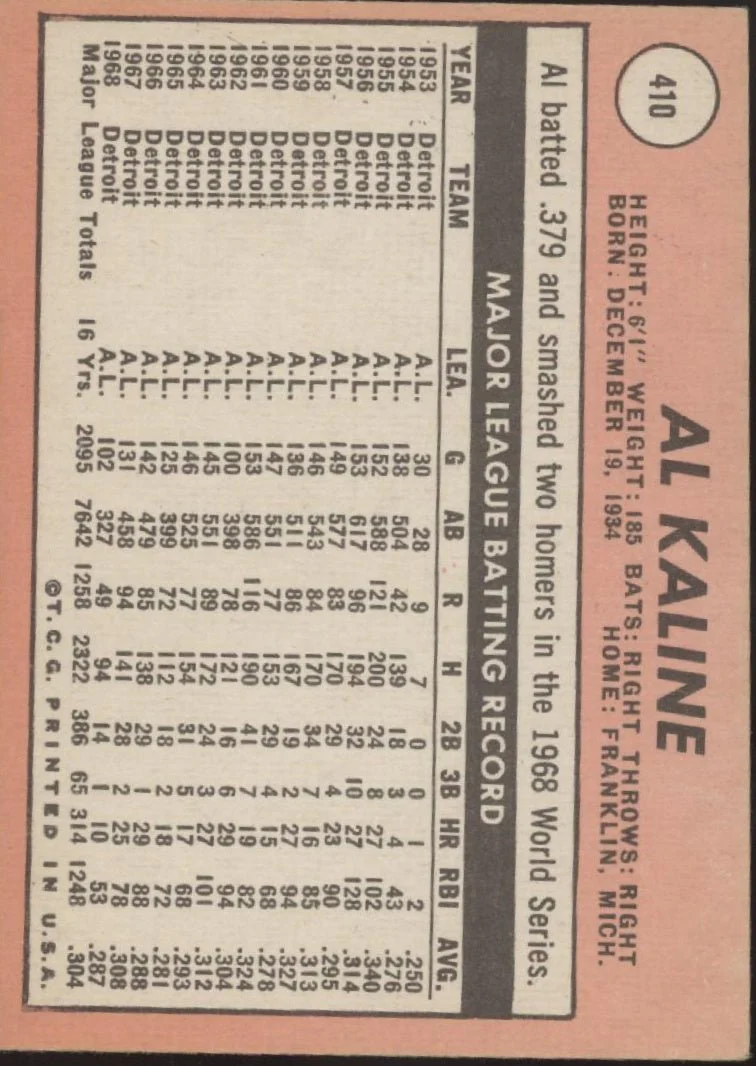 Al Kaline 1969 Topps #410 Detroit Tigers VG