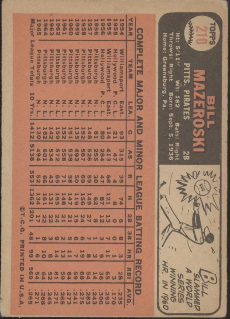 Bill Mazeroski 1966 Topps #210 Pittsburgh Pirates VG