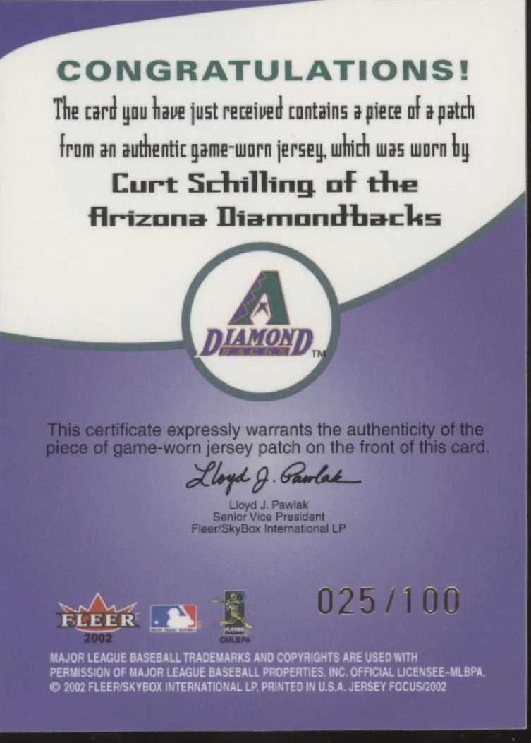 Curt Schilling 2002 Fleer Focus K Corps Swatch 025/100