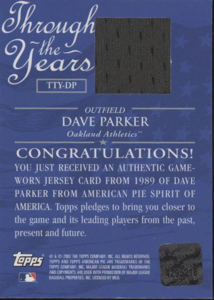 Dave Parker 2002 Topps American Pie Through the Years Swatch #TTY-DP