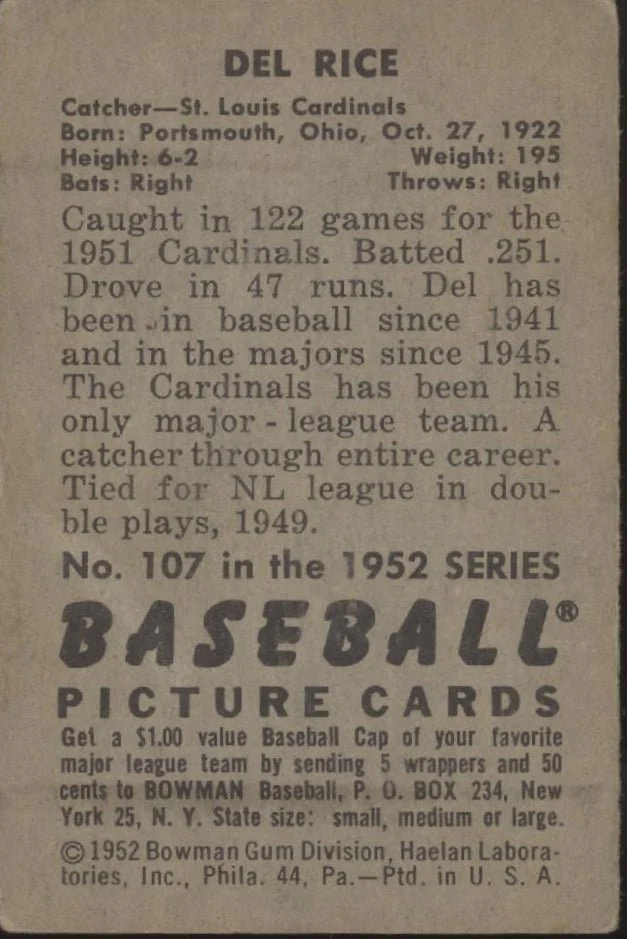 Del Rice 1952 Bowman #107 St. Louis Cardinals VG-EX