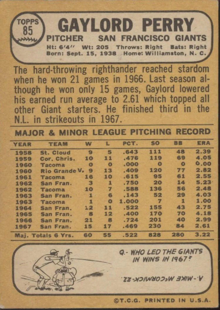 313-gaylord-perry-1968-topps-85-san-francisco-giants-vg-2-2.webp Gaylord Perry 1968 Topps #85 San Francisco Giants VG #2