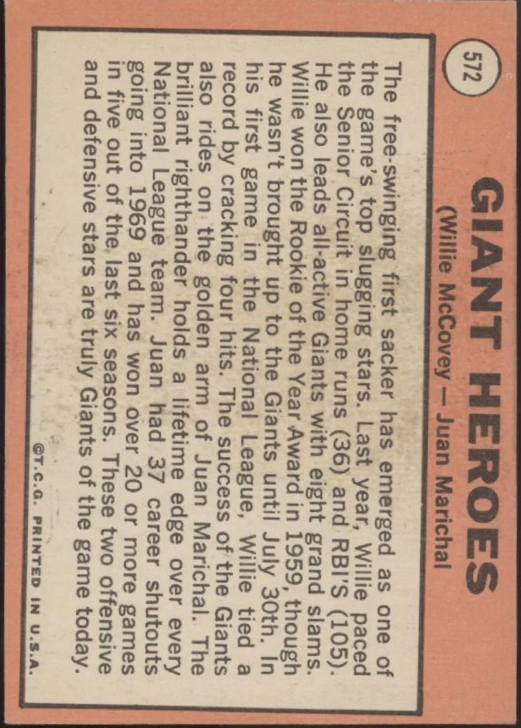 314-giants-heroes-1969-topps-willie-mccovey-juan-marichal-572-vg-ex-2.webp Giants Heroes 1969 Topps Willie McCovey / Juan Marichal #572 VG-EX