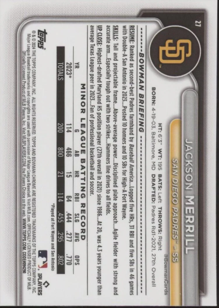 Jackson Merrill 2024 Bowman Chrome Mojo Refractor RC #27 #3