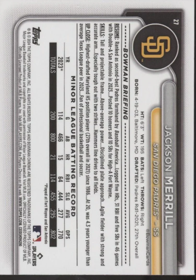 Jackson Merrill 2024 Bowman Chrome Mojo Refractor RC #27 #9