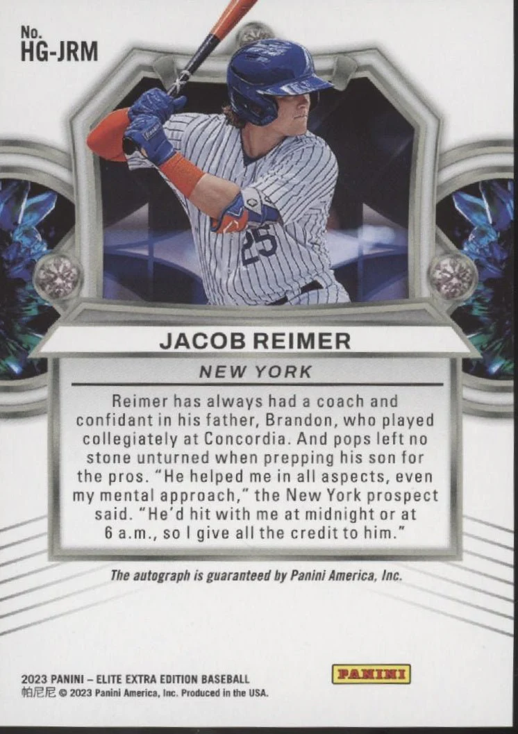Jacob Reimer 2023 Panini Elite Extra Edition Hidden Gems Auto #HG-JRM
