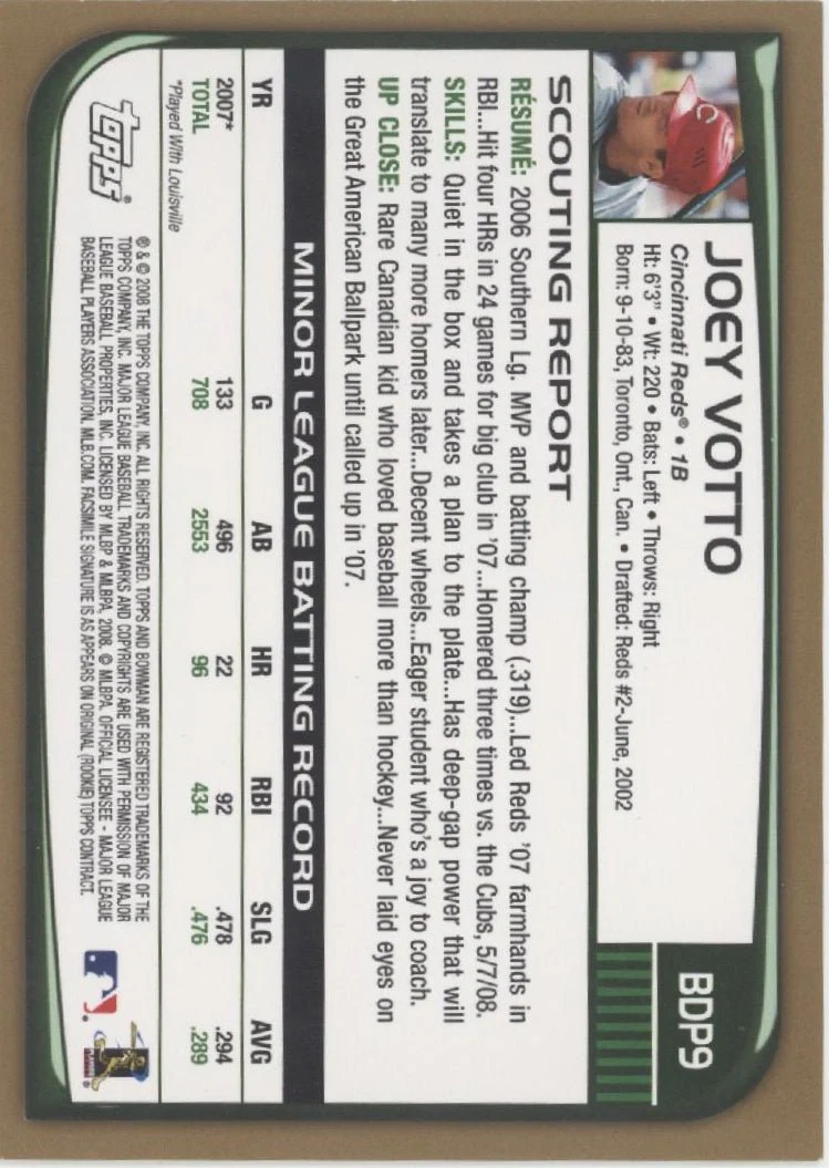 Joey Votto 2008 Bowman Gold RC #BDP9