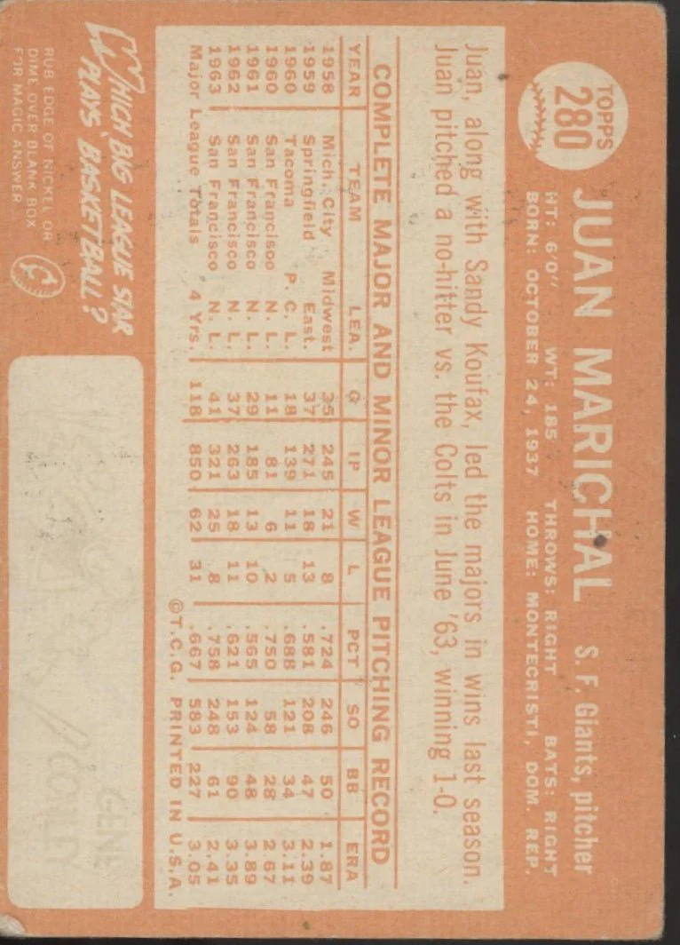 335-juan-marichal-1964-topps-280-san-francisco-giants-gd-2.webp Juan Marichal 1964 Topps #280 San Francisco Giants GD