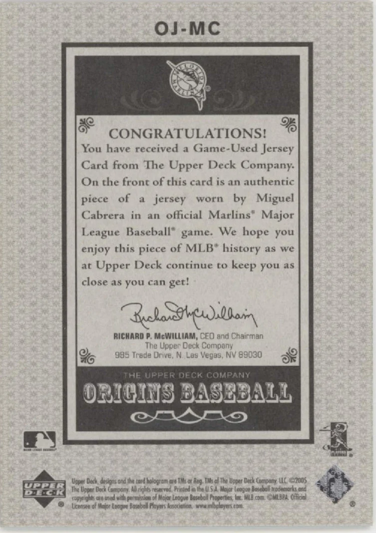 Miguel Cabrera 2005 Upper Deck Origins "Old Judge" Swatch #OJ-MC