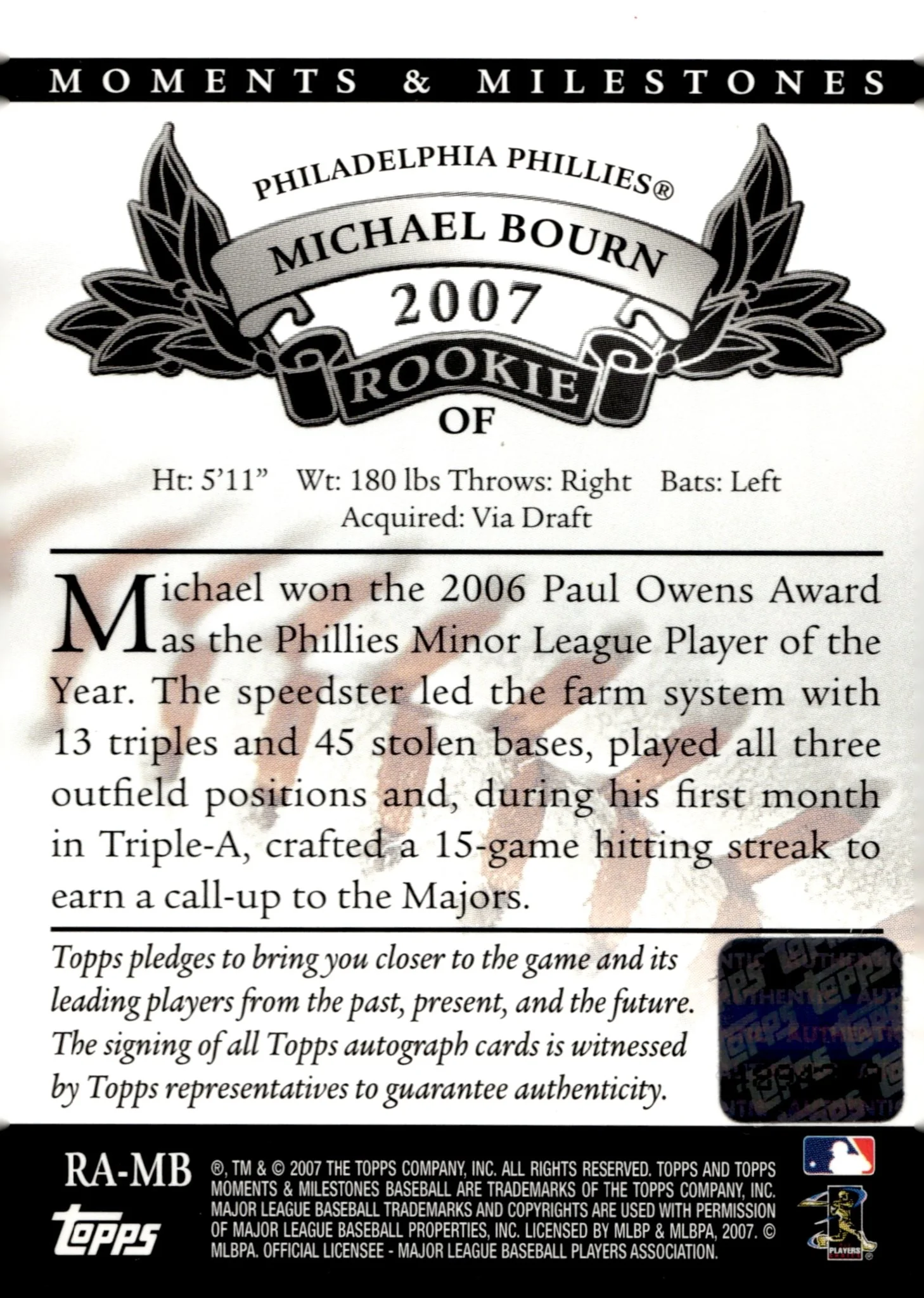 Michael Bourn 2007 Topps Moments & Milestones RC Auto #RA-MB