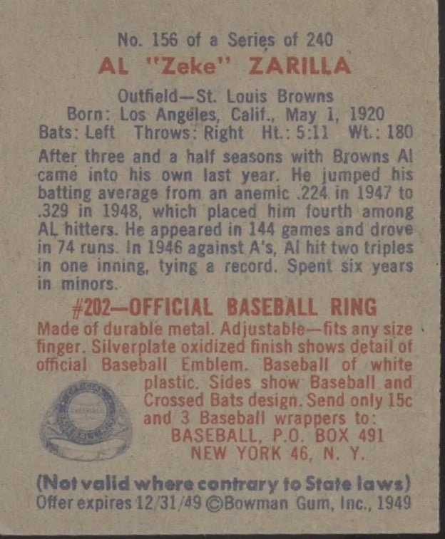 363-al-zarilla-1949-bowman-rc-156-st.-louis-browns-vg-ex-2.webp Al Zarilla 1949 Bowman RC #156 St. Louis Browns VG-EX