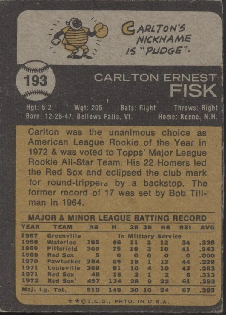 365-carlton-fisk-1973-topps-193-boston-red-sox-gd-2.webp Carlton Fisk 1973 Topps #193 Boston Red Sox GD