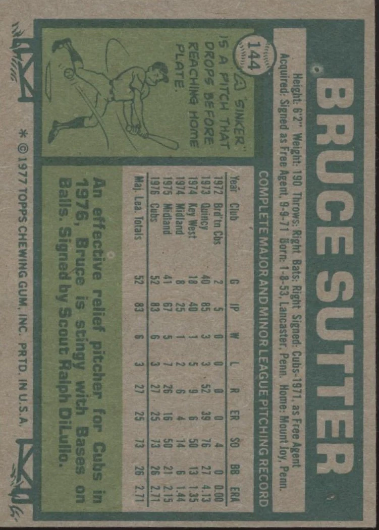 Bruce Sutter 1977 Topps RC #144 Chicago Cubs EX #2