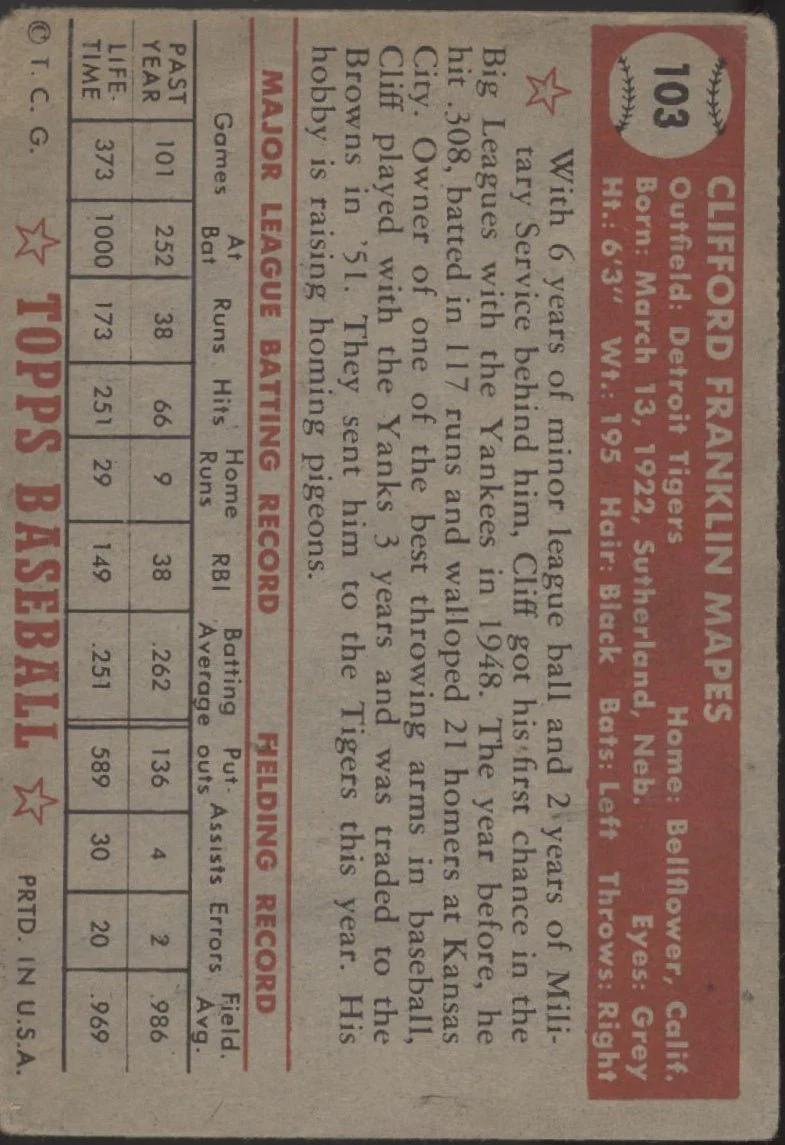 Cliff Mapes 1952 Topps #103 Detroit Tigers GD