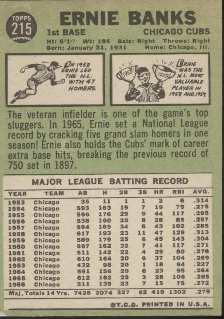 Ernie Banks 1967 Topps #215 Chicago Cubs VG-EX