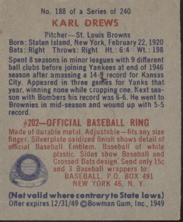 375-karl-drews-1949-bowman-rc-188-st.-louis-browns-vg-ex-2.webp Karl Drews 1949 Bowman RC #188 St. Louis Browns VG-EX
