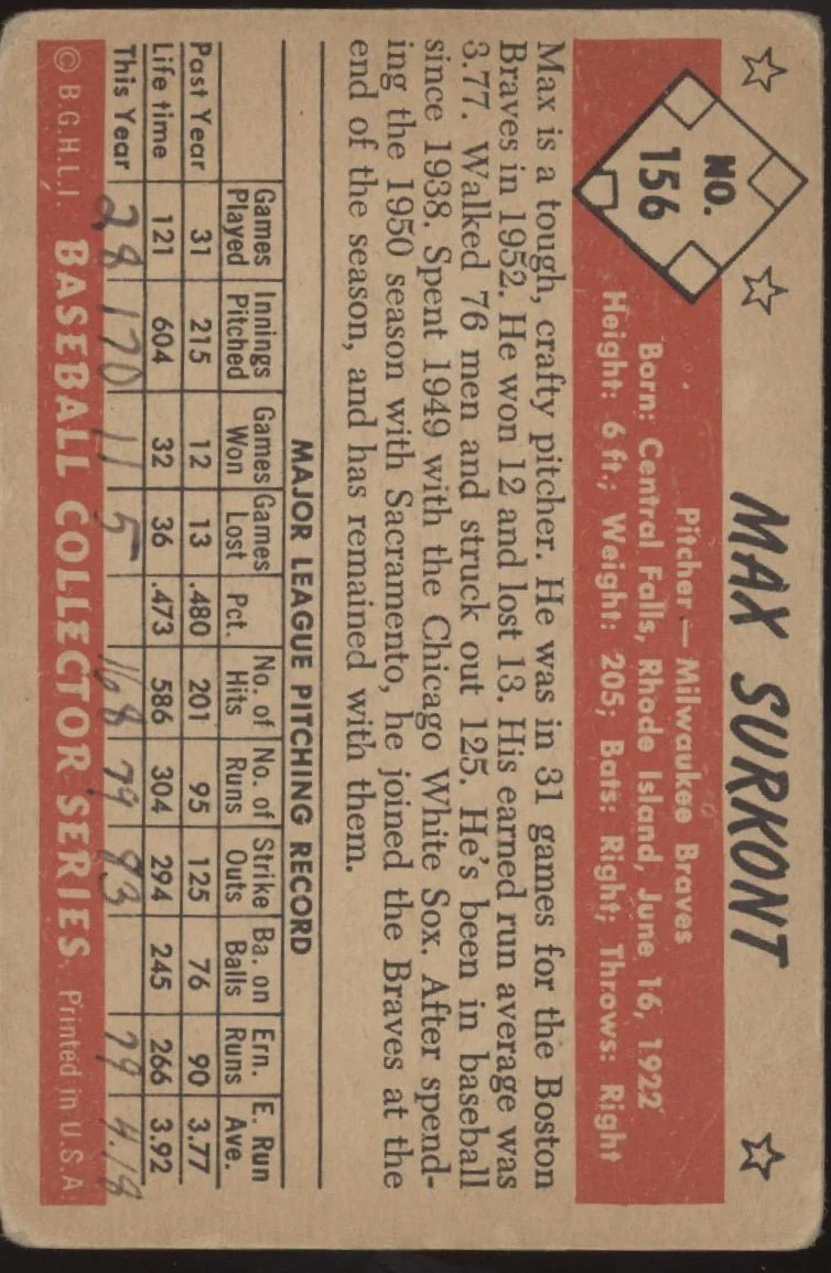 376-max-surkont-1953-bowman-156-milwaukee-braves-vg-marked-2.webp Max Surkont 1953 Bowman #156 Milwaukee Braves VG Marked