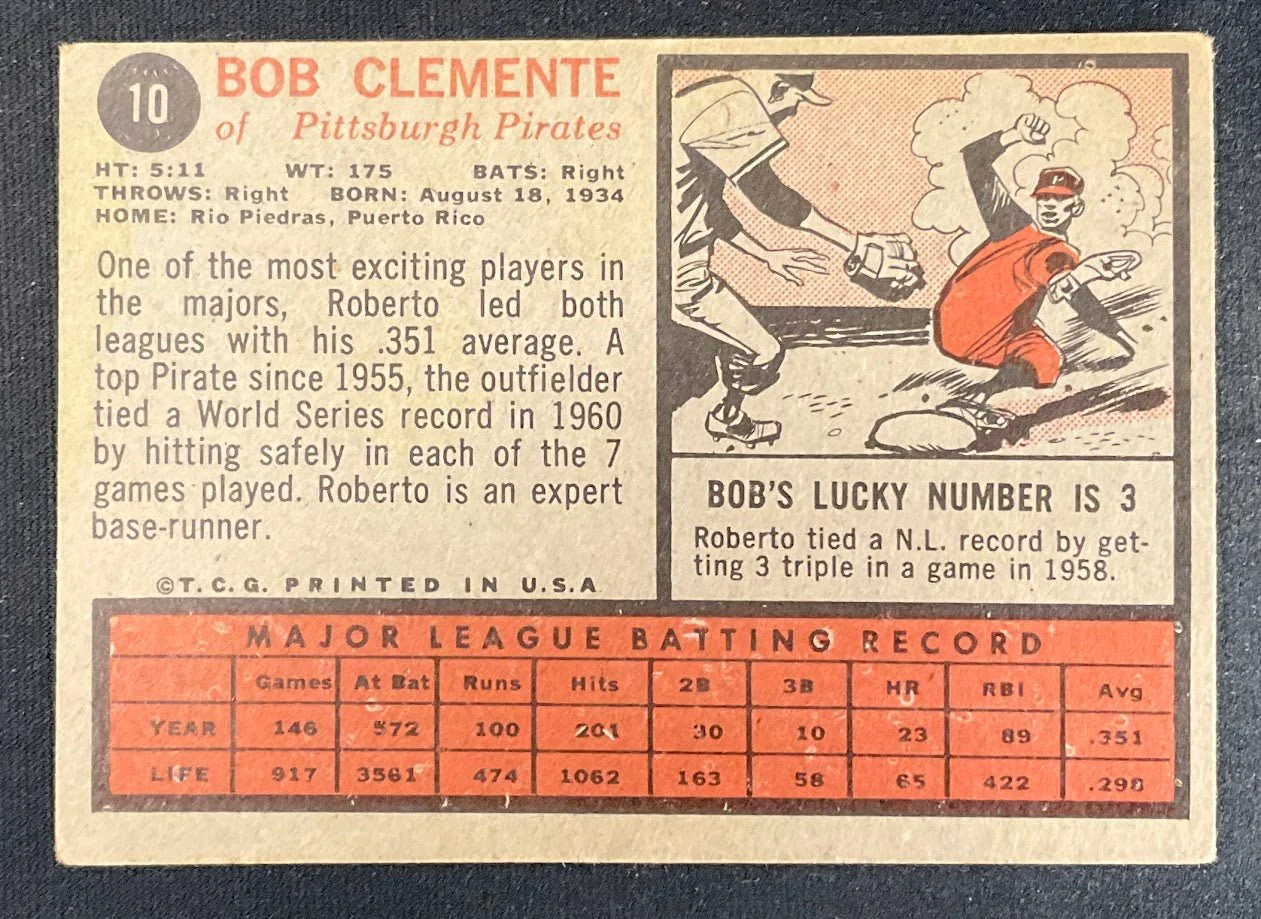 Bob Clemente 1962 Topps #10 Pittsburgh Pirates VG-EX