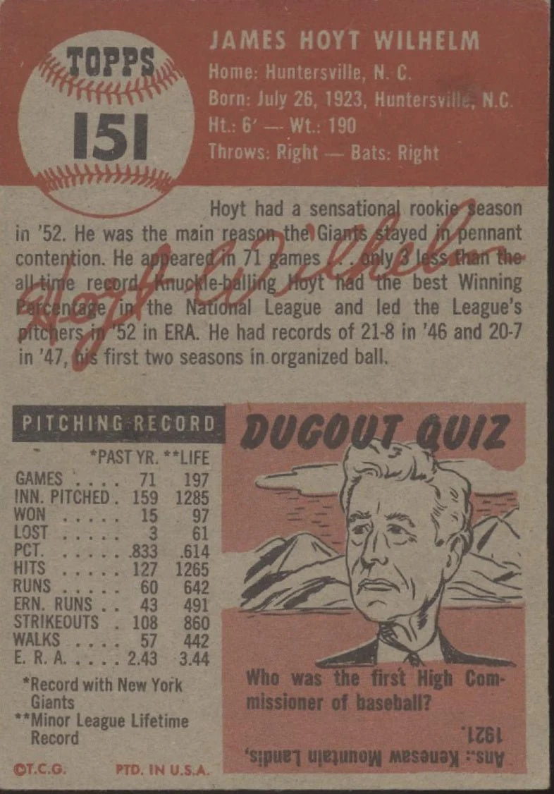 Hoyt Wilhelm 1953 Topps #151 New York Mets VG-EX