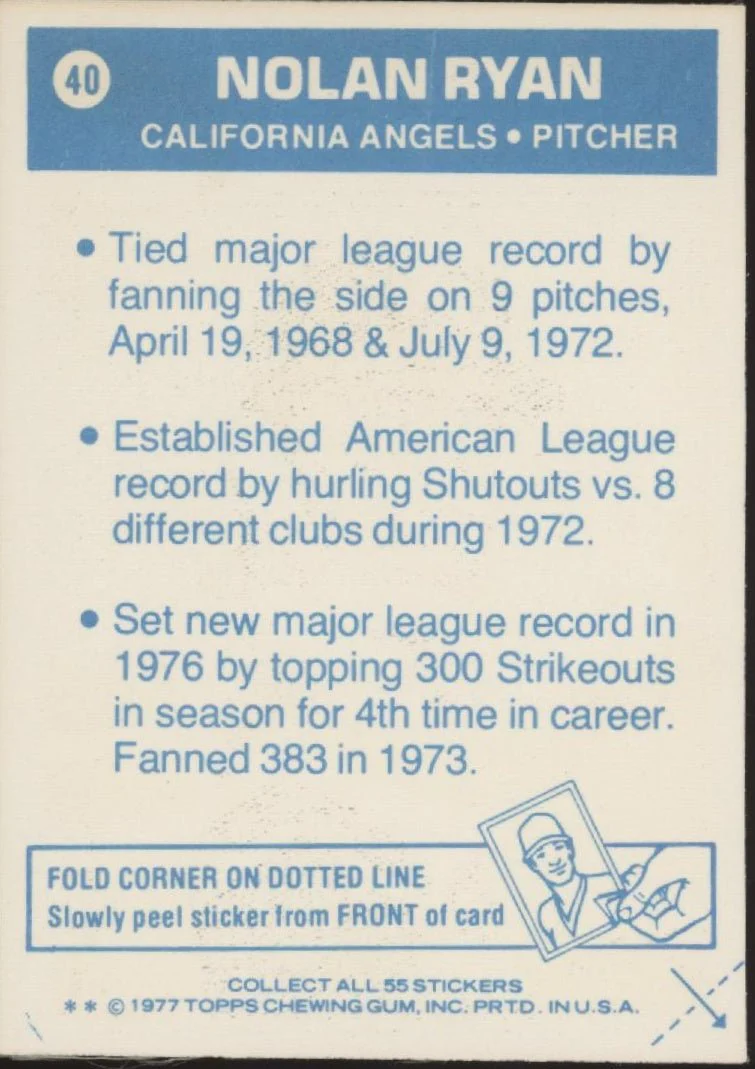 Nolan Ryan 1977 Topps Cloth Stickers #40 California Angels EX-NM