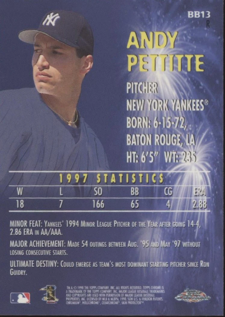 Andy Pettitte 1998 Topps Chrome Baby Bombers Refractor SP #BB13