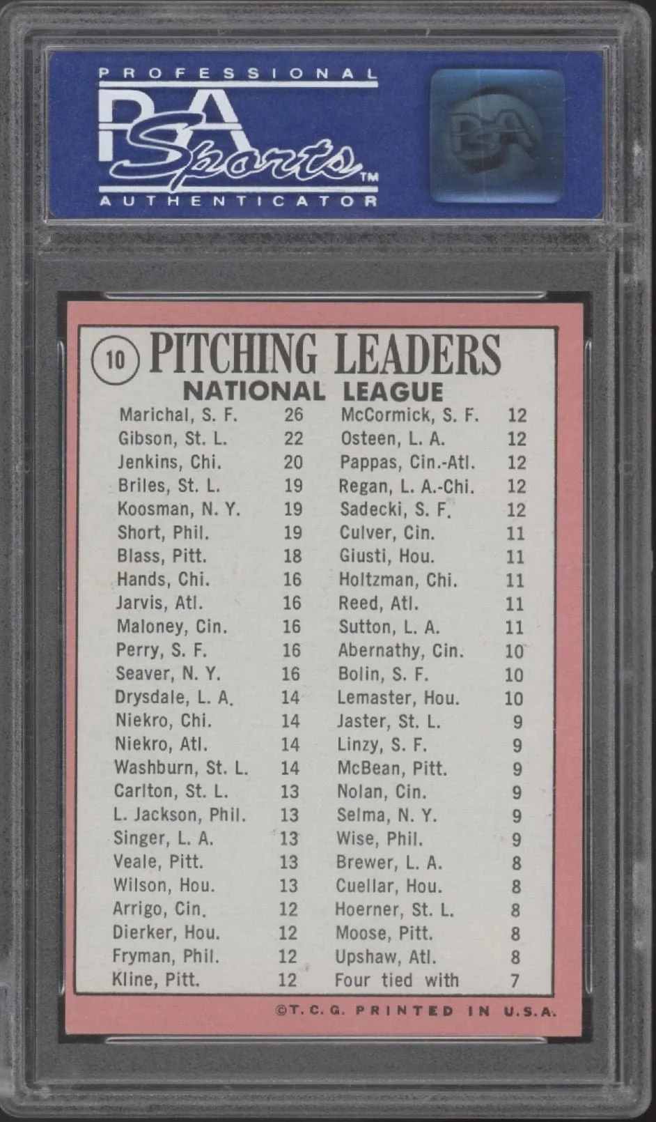 NL Pitch Leaders 1969 Topps Marichal / Gibson / Jenkins #10 PSA 7