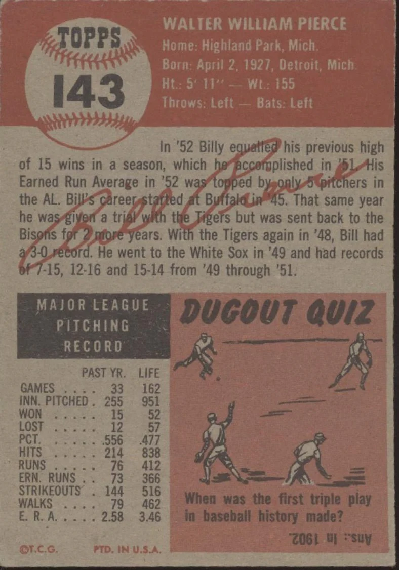 Billy Pierce 1953 Topps #143 Chicago White Sox VG