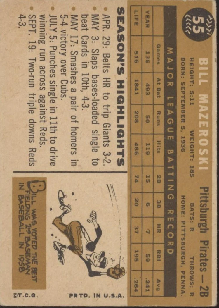 Bill Mazeroski 1960 Topps #55 Pittsburgh Pirates VG-EX #2