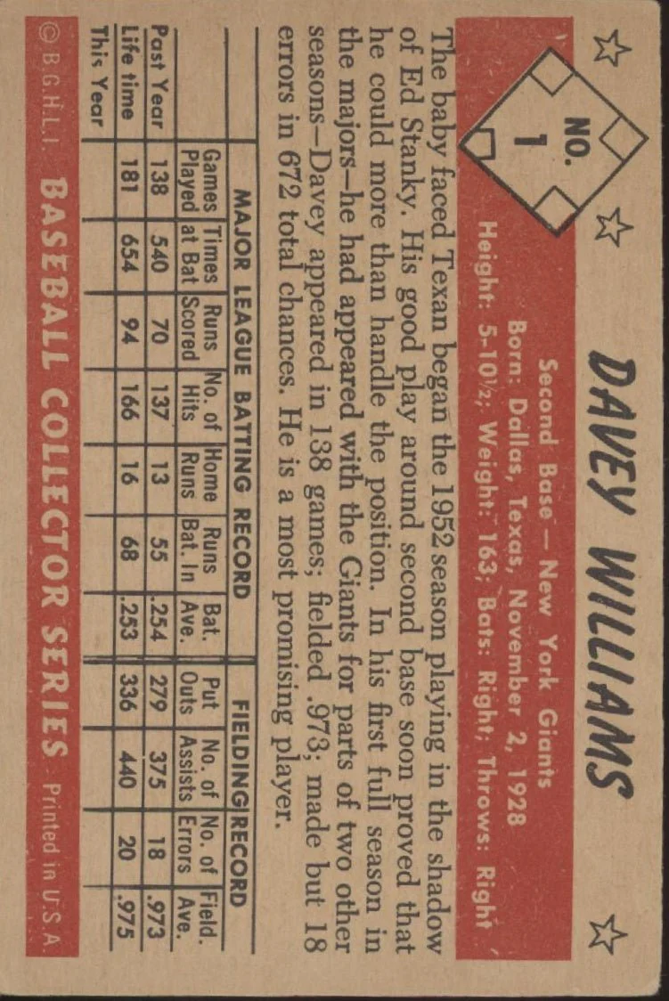 Davey Williams 1953 Bowman #1 New York Giants VG #4