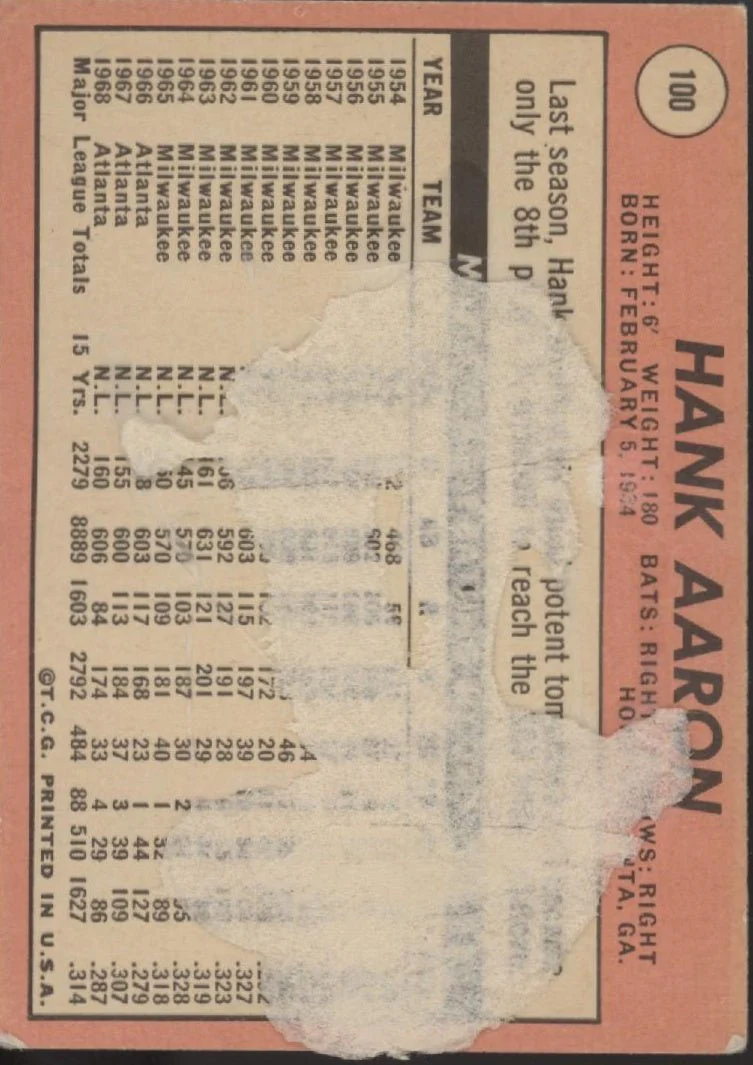 Hank Aaron 1969 Topps #100 Atlanta Braves PR
