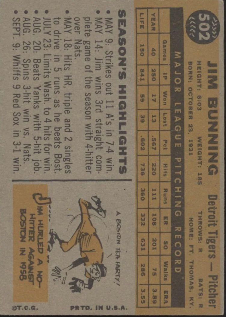 Jim Bunning 1960 Topps #502 Detroit Tigers EX