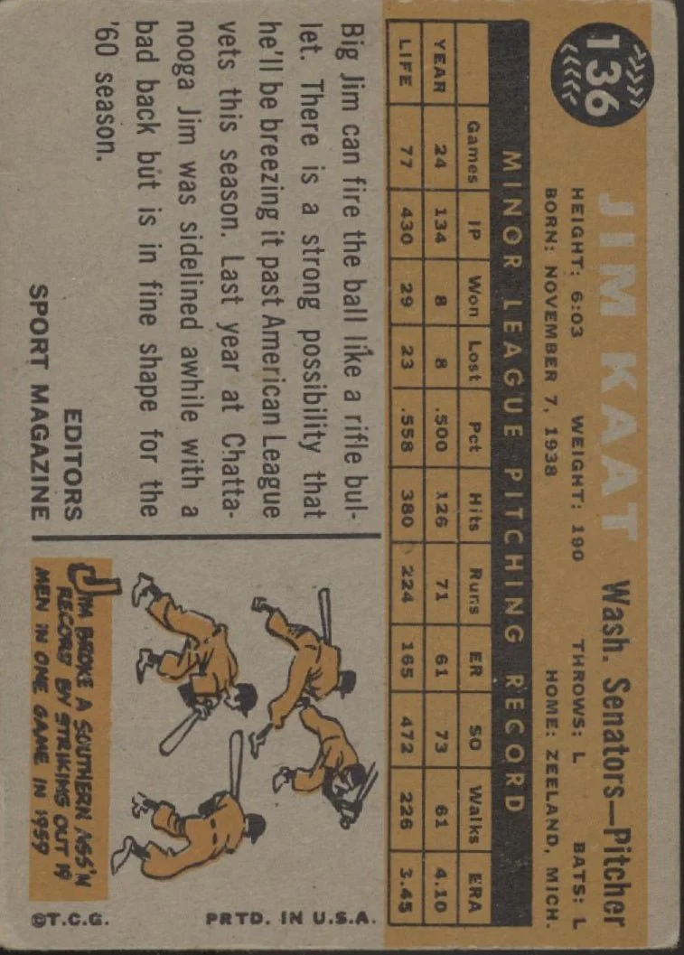 Jim Kaat 1960 Topps Rookie Star RC #136 Washington Senators VG