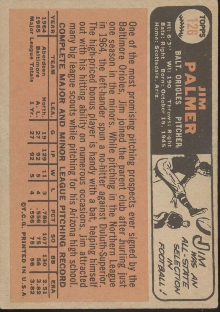 Jim Palmer 1966 Topps RC #126 Baltimore Orioles VG #1