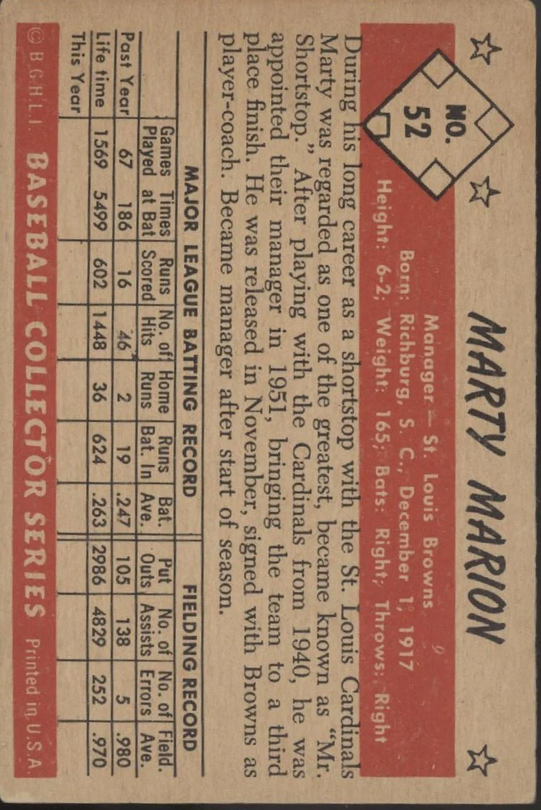 Marty Marion 1953 Bowman #52 St. Louis Browns VG-EX