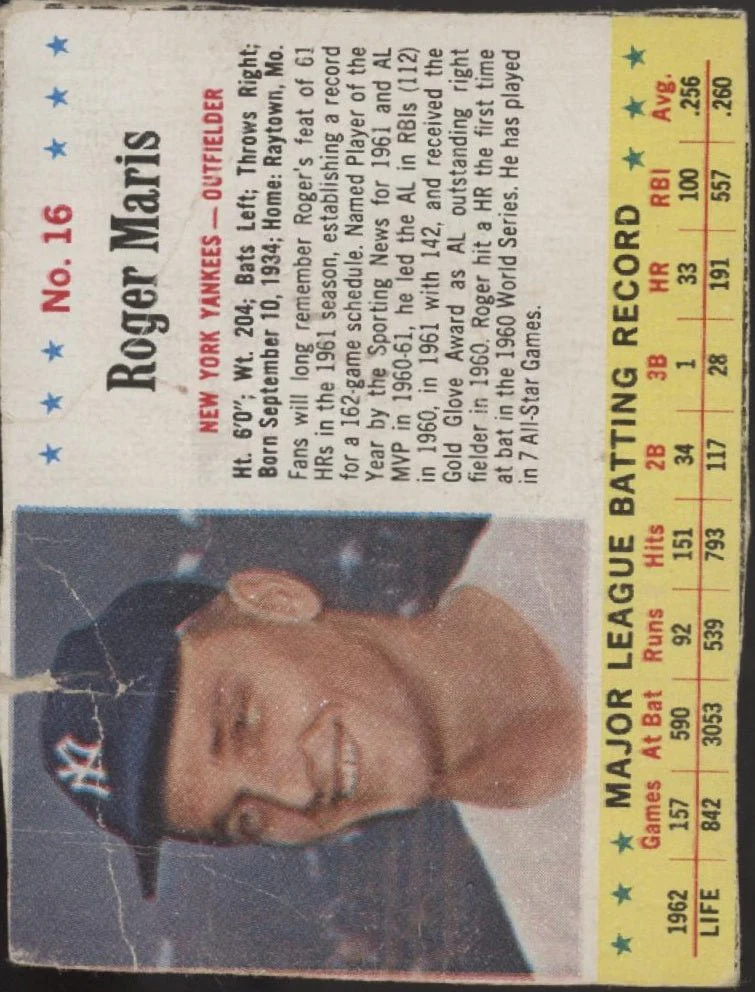 Roger Maris 1963 Jello #16 New York Yankees PR
